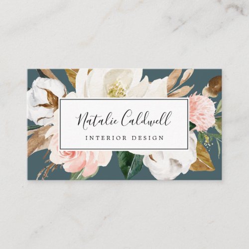Elegant Magnolia  Teal and White Business Card