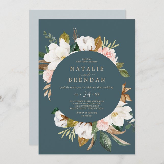 Elegant Magnolia | Teal and White Casual Wedding Invitation (Front/Back)