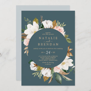 Elegant Magnolia Teal and White Casual Wedding Invitation