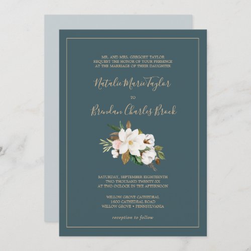 Elegant Magnolia  Teal and White Formal Wedding Invitation