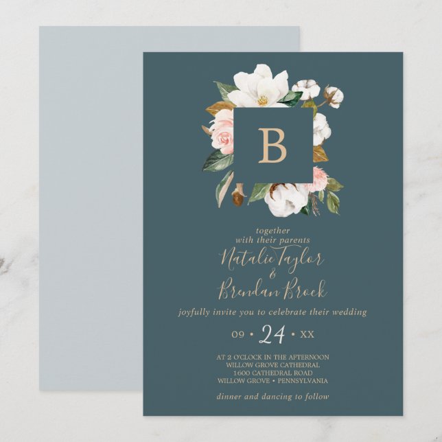 Elegant Magnolia | Teal and White Monogram Wedding Invitation (Front/Back)