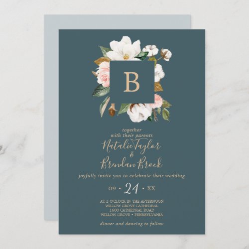 Elegant Magnolia  Teal and White Monogram Wedding Invitation