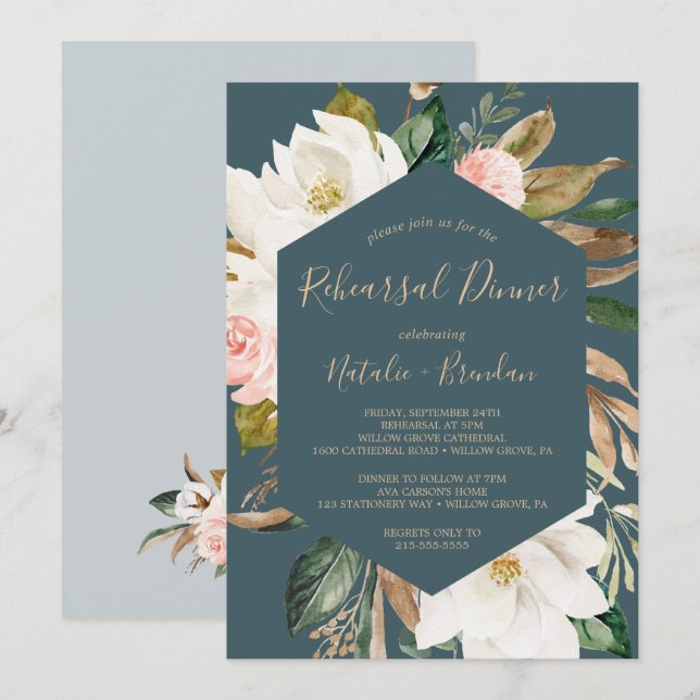 Elegant Magnolia Teal and White Rehearsal Dinner Invitation (Front/Back)