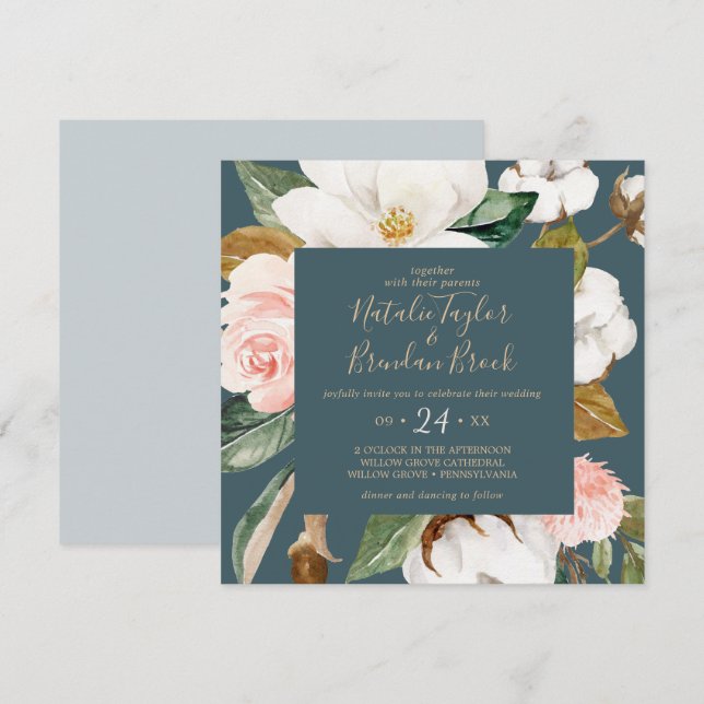 Elegant Magnolia | Teal and White Square Wedding Invitation (Front/Back)