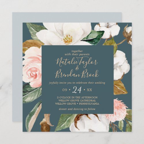 Elegant Magnolia  Teal and White Square Wedding Invitation