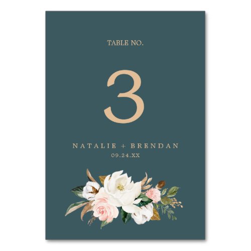 Elegant Magnolia  Teal and White Table Number