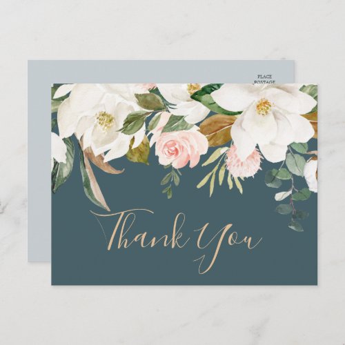 Elegant Magnolia Teal and White Thank You Postcard