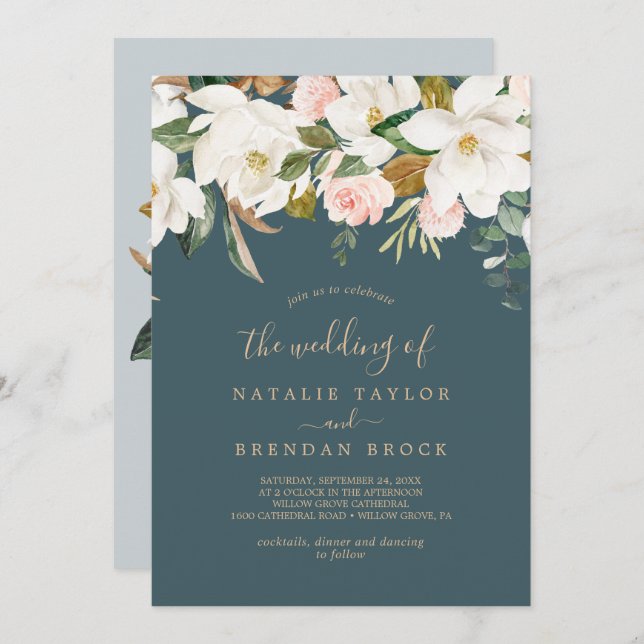 Elegant Magnolia | Teal and White The Wedding Of Invitation (Front/Back)