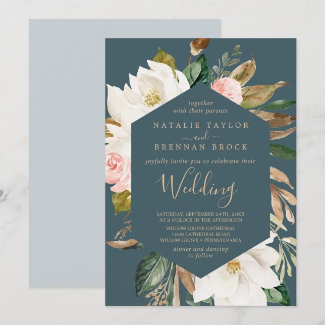 Elegant Magnolia | Teal and White Wedding Invitation (Front/Back)
