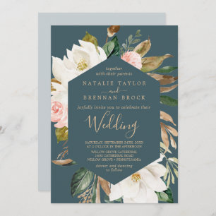 Elegant Magnolia Teal and White Wedding Invitation