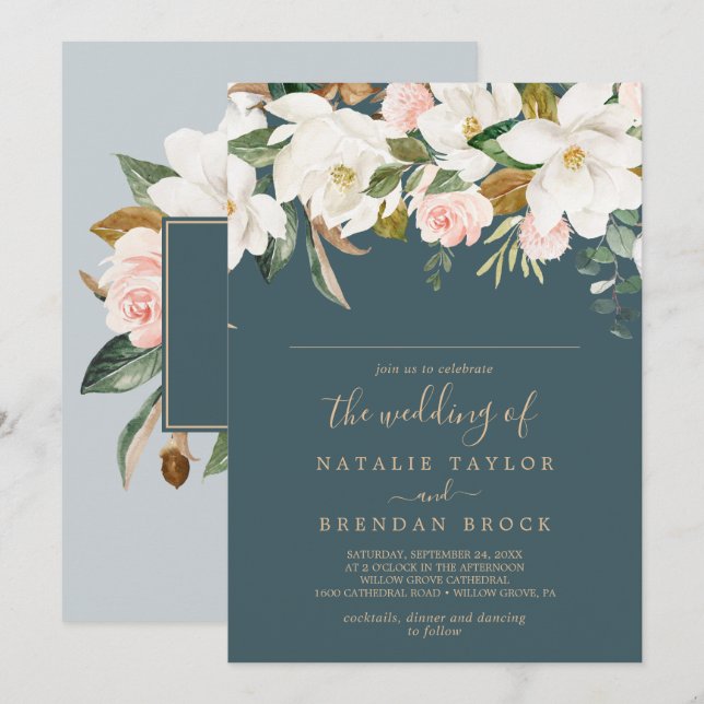Elegant Magnolia | Teal Guest Name Wedding Invitation (Front/Back)