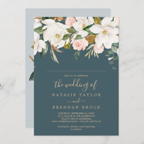 Elegant Magnolia  Teal Guest Name Wedding Invitation