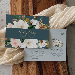 Elegant Magnolia   Teal Menu Choice RSVP Postcard