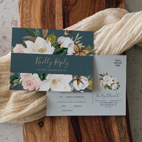 Elegant Magnolia | Teal Menu Choice RSVP Postcard