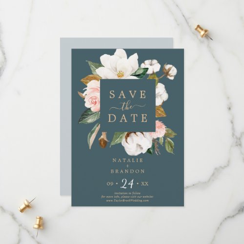 Elegant Magnolia  Teal Save the Date Card