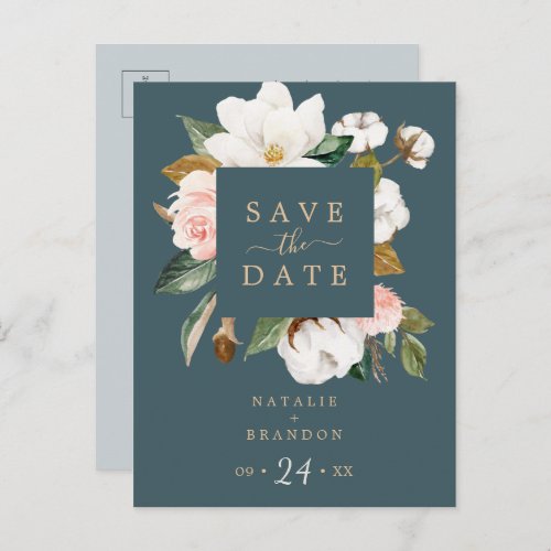 Elegant Magnolia  Teal Save the Date Postcard