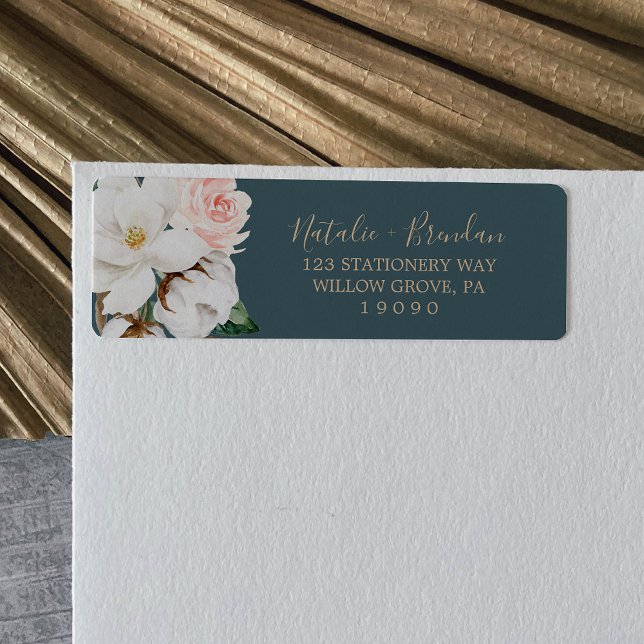 Elegant Magnolia Teal & White Return Address Label (Creator Uploaded)
