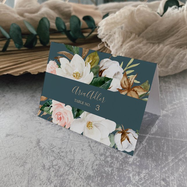 Elegant Magnolia Teal & White Wedding Place Cards (Creator Uploaded)