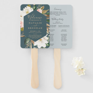 Elegant Magnolia Teal & White Wedding Program Fan