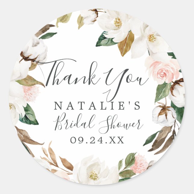 Elegant Magnolia Thank You Bridal Shower Favor Classic Round Sticker (Front)