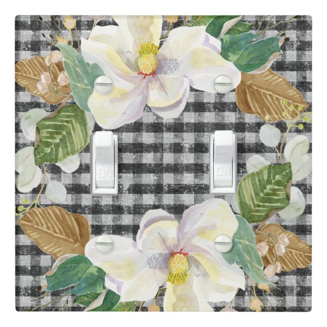 Elegant Magnolia Watercolor Black White Farmhouse Light Switch Cover (In Situ)