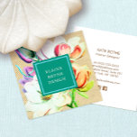 Elegant Magnolia Watercolor Floral  Business Card<br><div class="desc">Beautiful colorful magnolia design on tan textured background image with square teal plaque - perfect botanical for interior designers,  hospitality professionals,  home decorators,  spas,  salons florists and more.</div>
