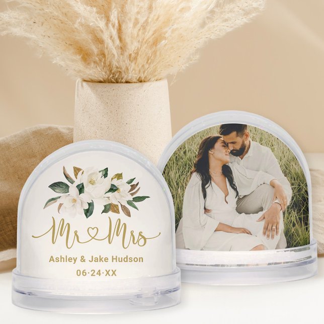 Elegant Magnolia Wedding Monogram Photo Snow Globe (Creator Uploaded)