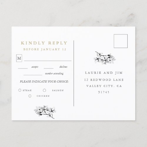 Elegant Magnolia Wedding RSVP with Meal Choice   Invitation Postcard