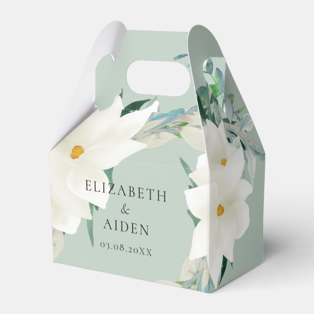 Elegant Magnolia Wedding Sage Green Favor Boxes (Front Side)