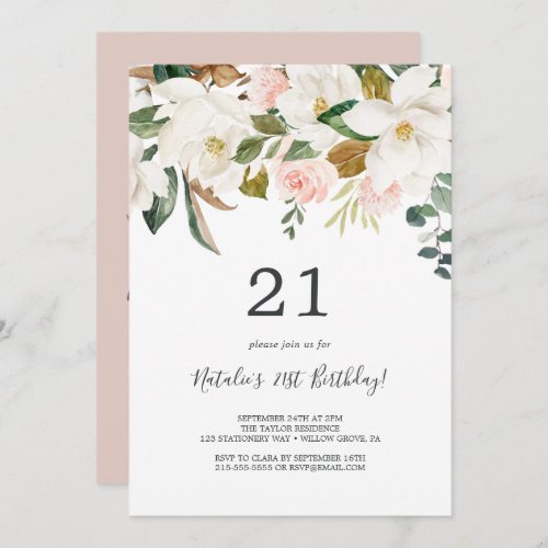 Elegant Magnolia  White and Blush 21st Birthday Invitation