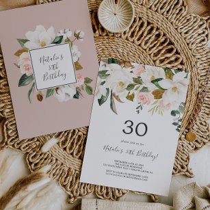 Elegant Magnolia   White and Blush 30th Birthday Invitation
