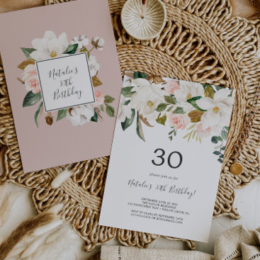 Elegant Magnolia | White and Blush 30th Birthday Invitation