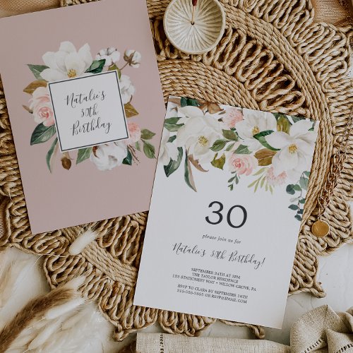 Elegant Magnolia  White and Blush 30th Birthday Invitation