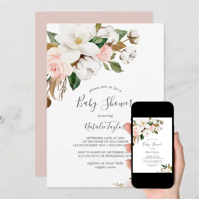 Elegant Magnolia | White and Blush Baby Shower Invitation | Zazzle