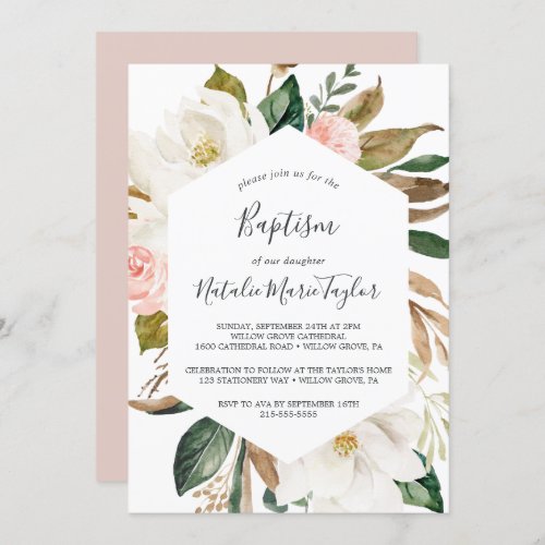 Elegant Magnolia  White and Blush Baptism Invitation