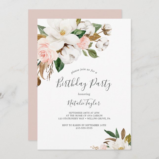 Elegant Magnolia | White and Blush Birthday Party Invitation (Front/Back)