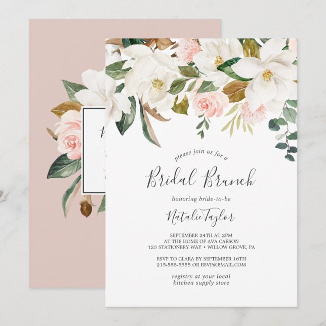 Elegant Magnolia | White and Blush Bridal Brunch Invitation (Front/Back)