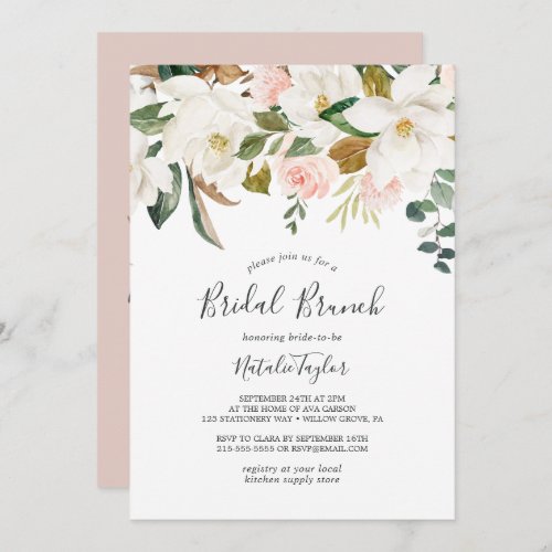 Elegant Magnolia  White and Blush Bridal Brunch Invitation
