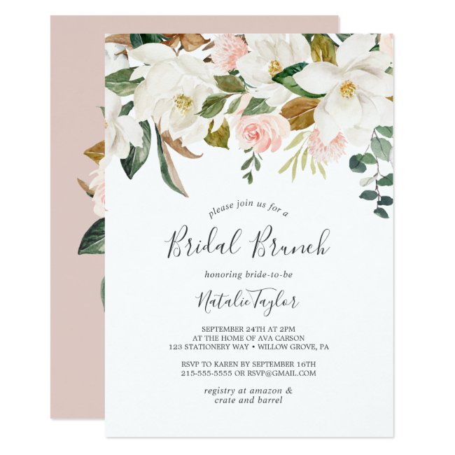 Elegant Magnolia | White and Blush Bridal Brunch Invitation