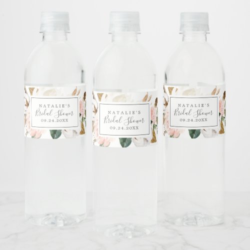 Elegant Magnolia  White and Blush Bridal Shower Water Bottle Label