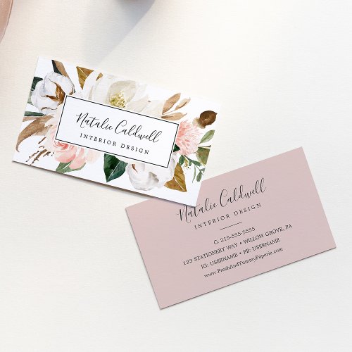 Elegant Magnolia  White and Blush Business Card