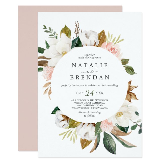 Elegant Magnolia | White and Blush Casual Wedding Invitation