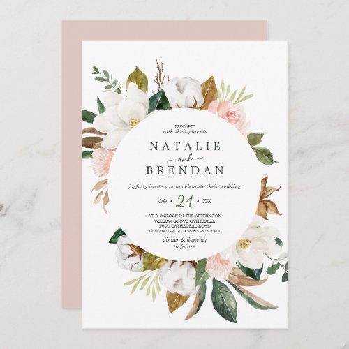Elegant Magnolia  White and Blush Casual Wedding Invitation
