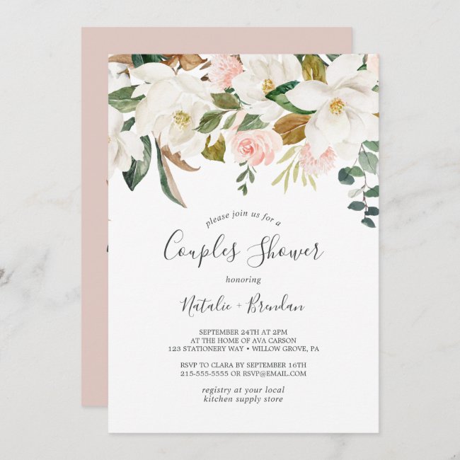 Elegant Magnolia | White and Blush Couples Shower Invitation
