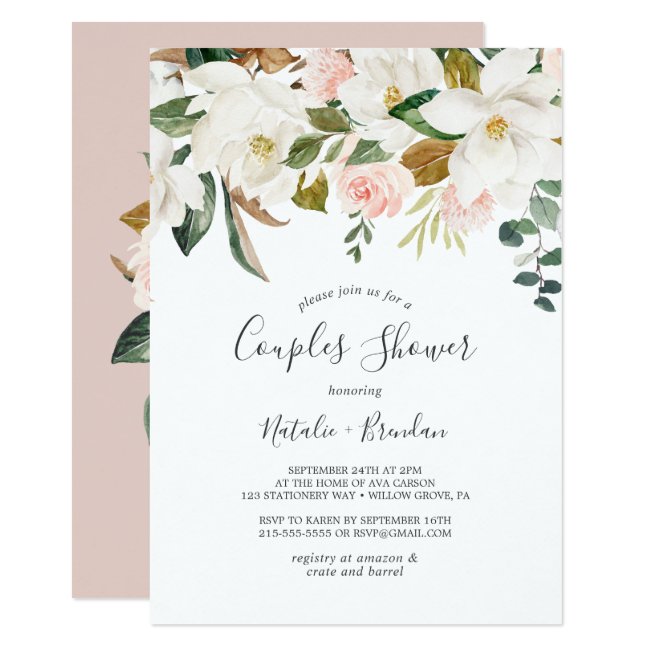 Elegant Magnolia | White and Blush Couples Shower Invitation