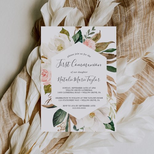 Elegant Magnolia  White and Blush First Communion Invitation