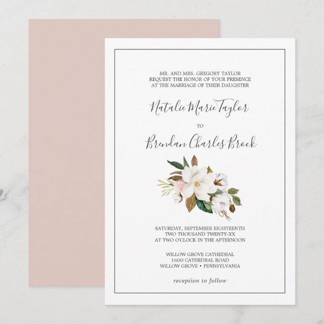Elegant Magnolia | White and Blush Formal Wedding Invitation (Front/Back)