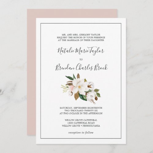Elegant Magnolia  White and Blush Formal Wedding Invitation