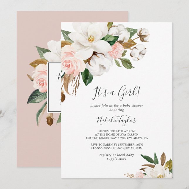 Elegant Magnolia | White and Blush It's a Girl Invitation (Front/Back)