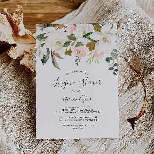 Elegant Magnolia  White and Blush Lingerie Shower Invitation